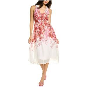 Maison Tara White Red Pink Floral Fitted Sleeveless Vneck Midi Dress Size 10